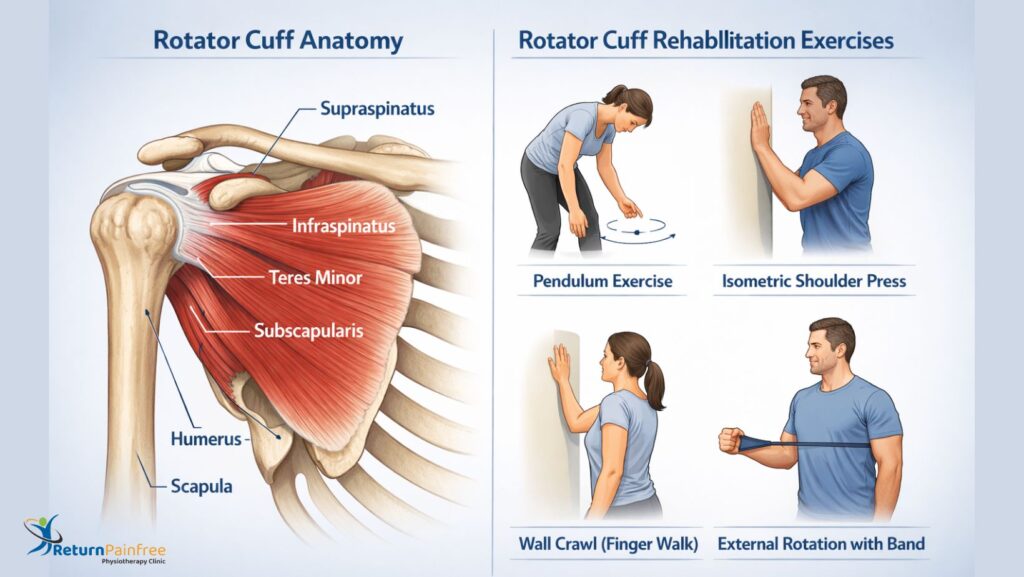 Rotator cuff rehabilitation exercises guided by physiotherapist in Pune